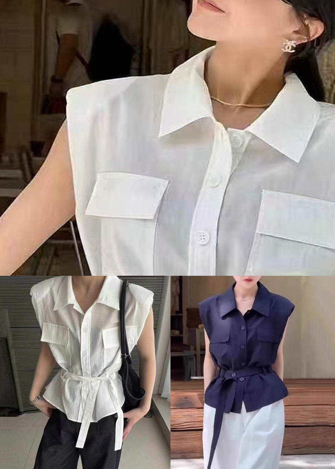 White Tie Waist Cotton Blouses Peter Pan Collar Summer