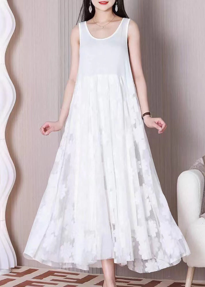 White Tulle Patchwork Cotton Dresses O Neck Summer