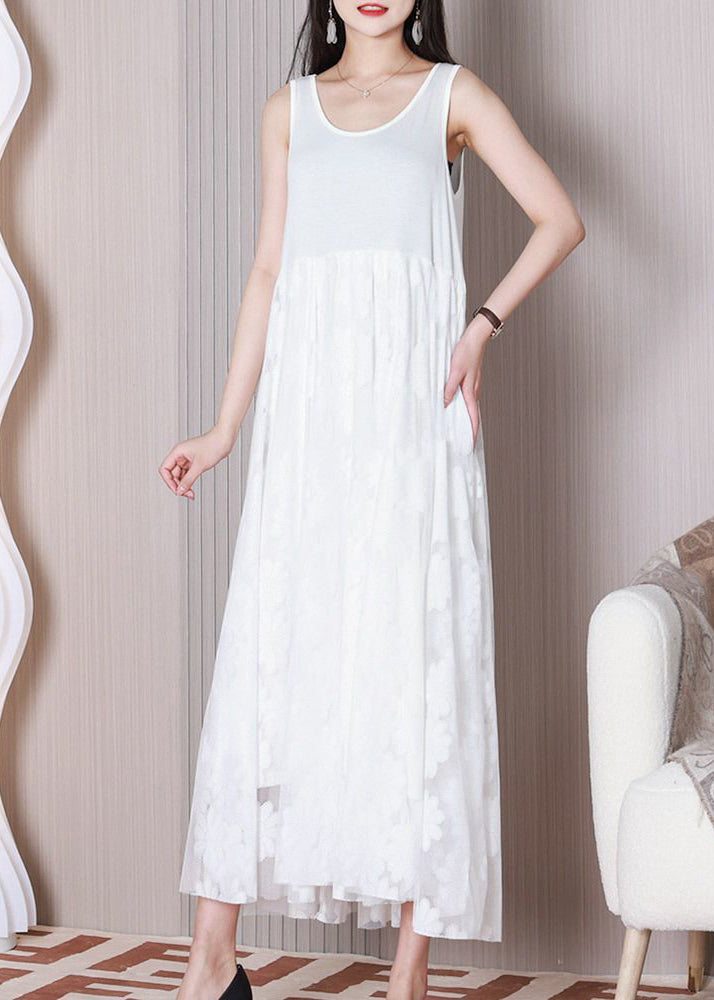 White Tulle Patchwork Cotton Dresses O Neck Summer
