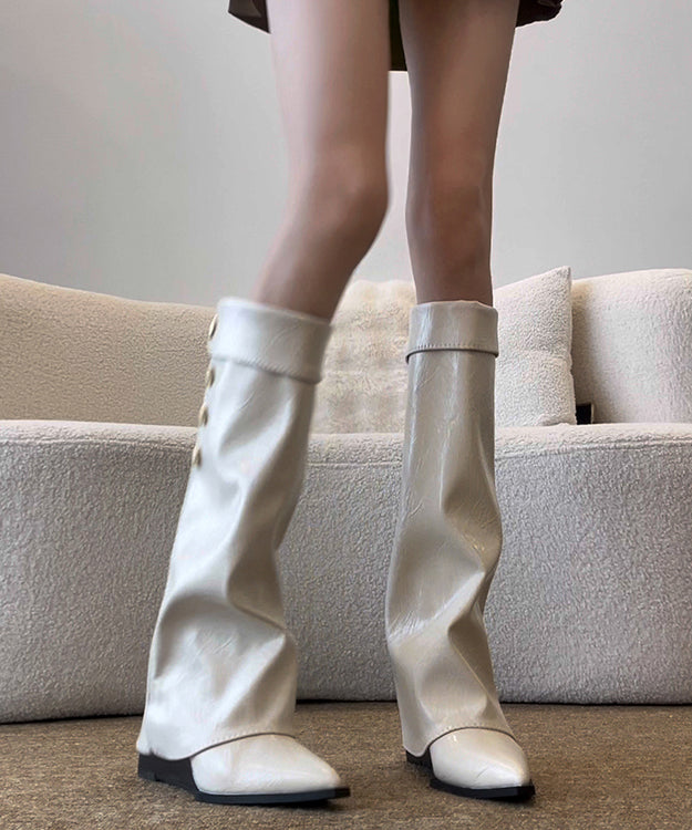 White Wedge Cowhide Leather Chic Splicing Boots Pointed Toe