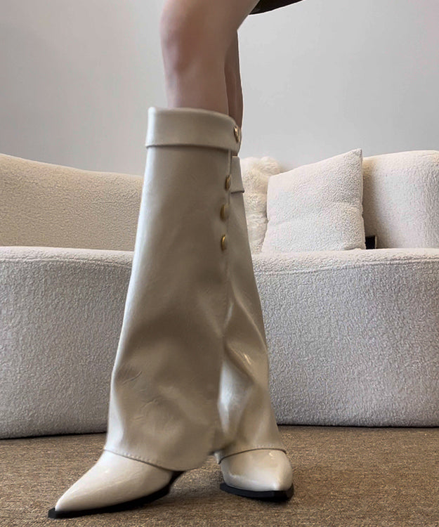 White Wedge Cowhide Leather Chic Splicing Boots Pointed Toe