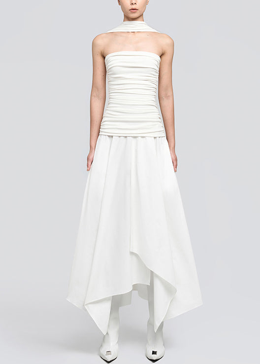 White Wrinkled Cotton Long Dresses Asymmetrical Summer