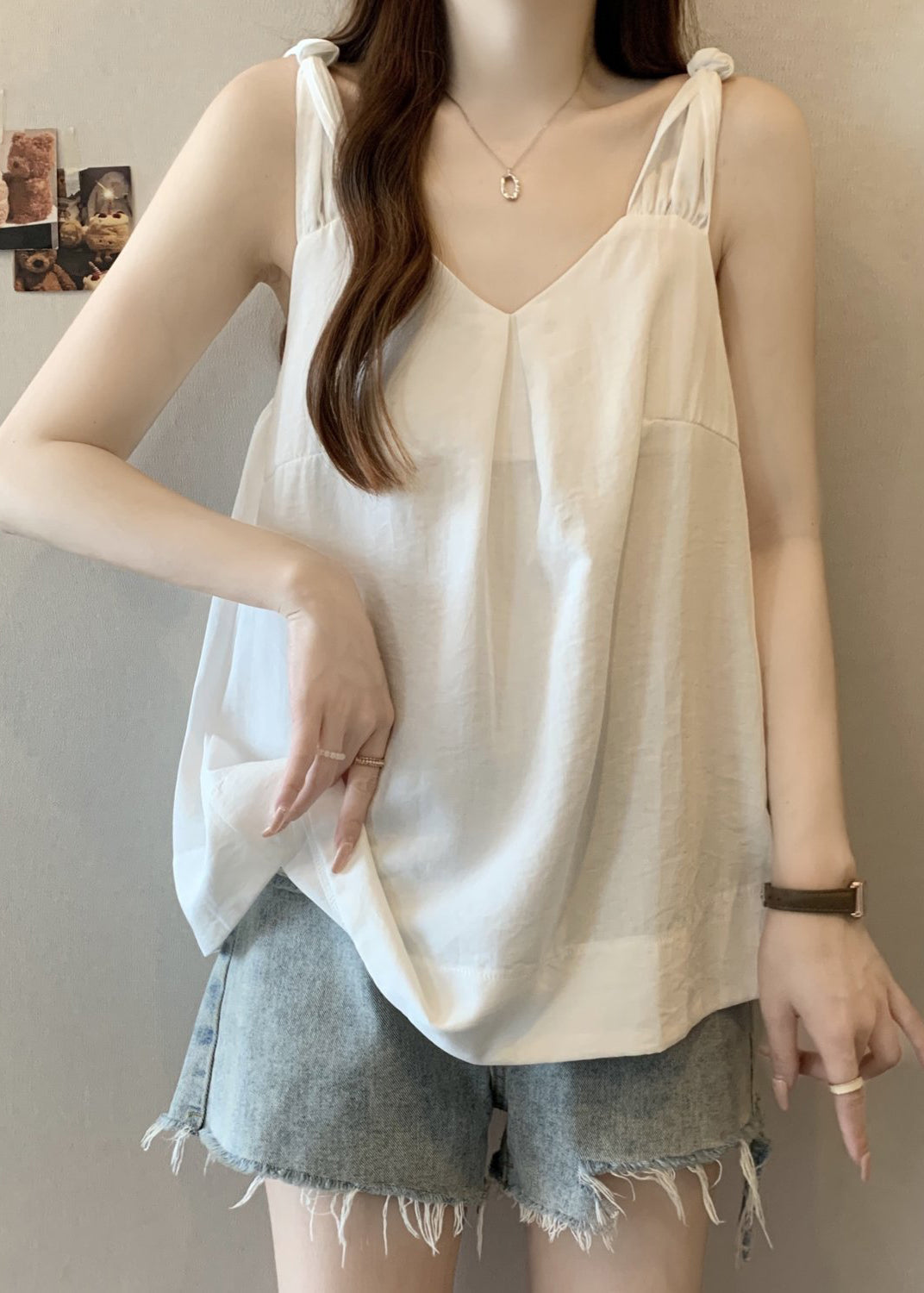 White Wrinkled Solid Cotton Tank V Neck Summer