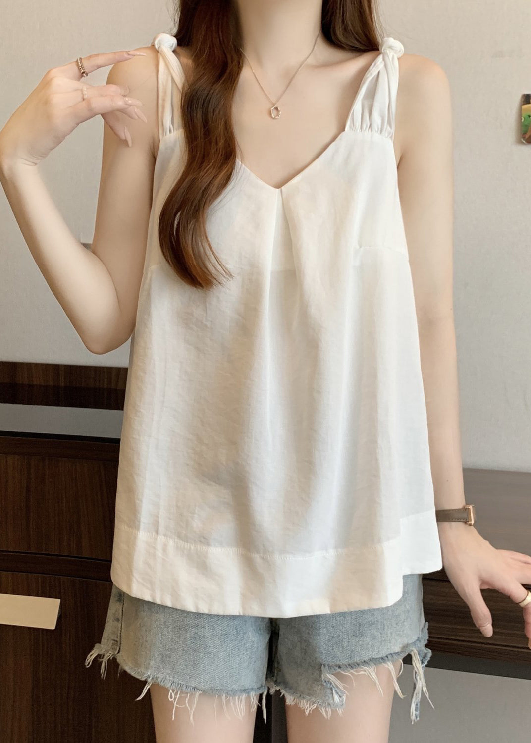 White Wrinkled Solid Cotton Tank V Neck Summer