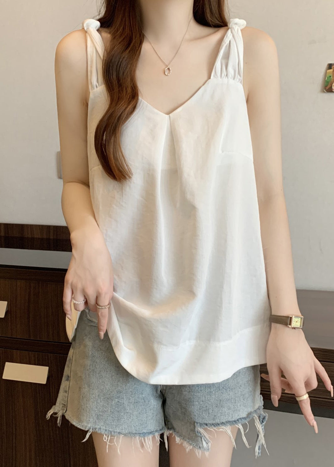 White Wrinkled Solid Cotton Tank V Neck Summer