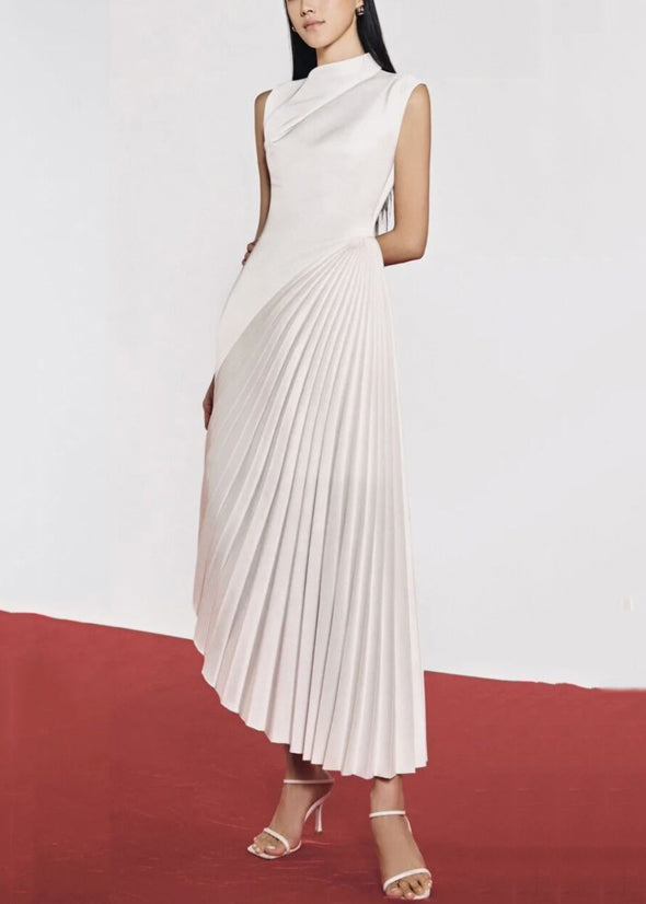 White Wrinkled Solid Silk Long Dresses Asymmetrical Summer