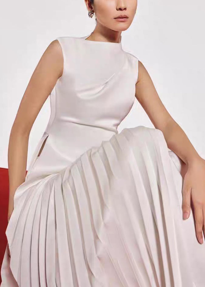White Wrinkled Solid Silk Long Dresses Asymmetrical Summer