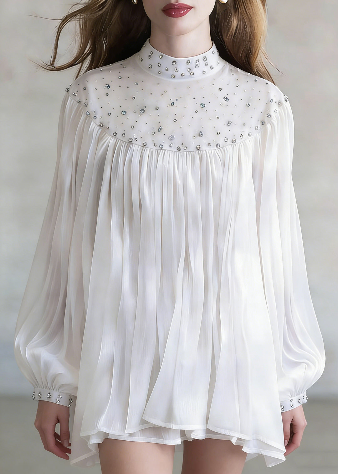 White Zircon Wrinkled Shirt Stand Collar Spring - Omychic