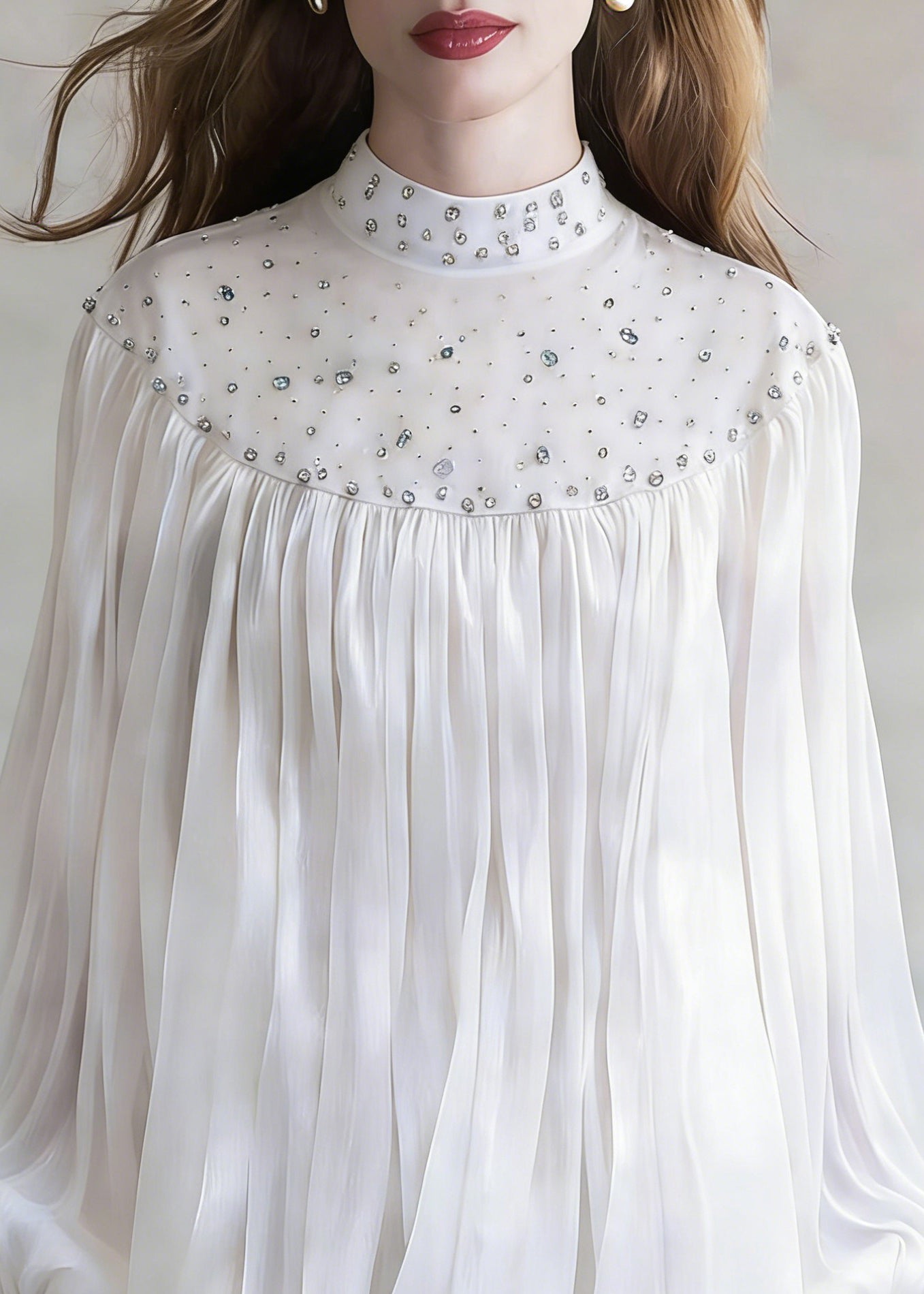 White Zircon Wrinkled Shirt Stand Collar Spring - Omychic