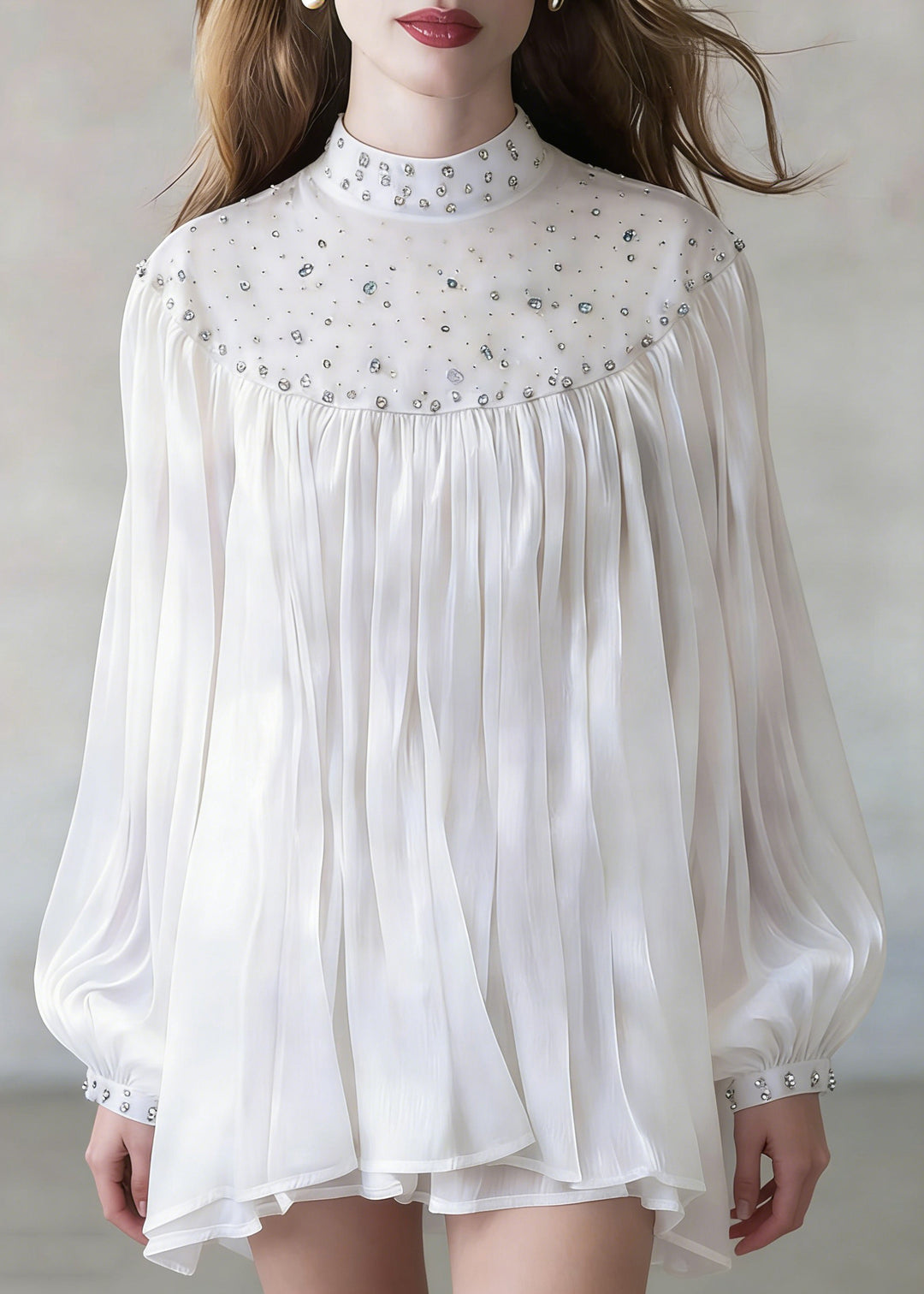 White Zircon Wrinkled Shirt Stand Collar Spring - Omychic