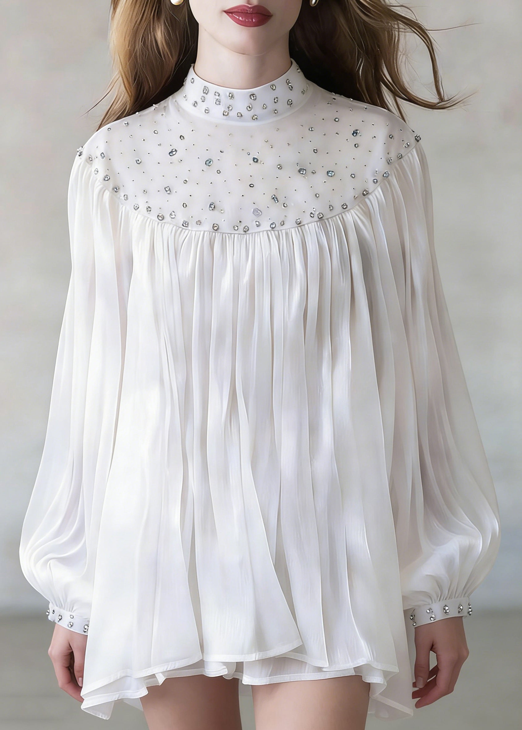 White Zircon Wrinkled Shirt Stand Collar Spring - Omychic