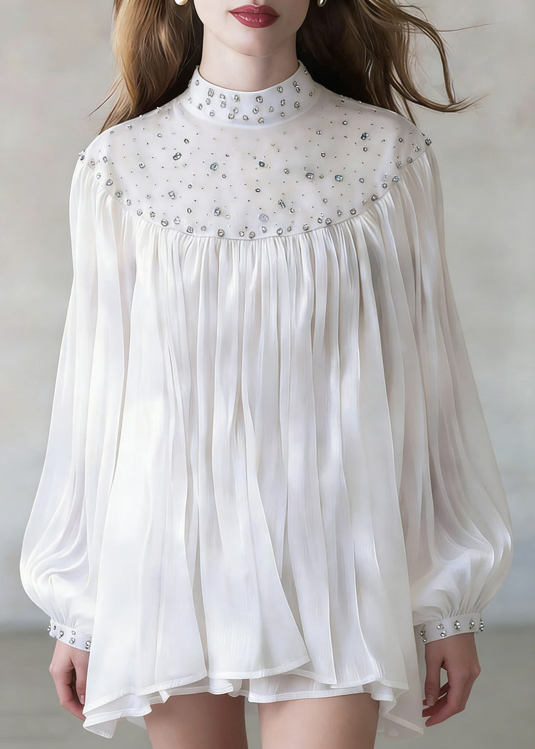 White Zircon Wrinkled Shirt Stand Collar Spring - Omychic