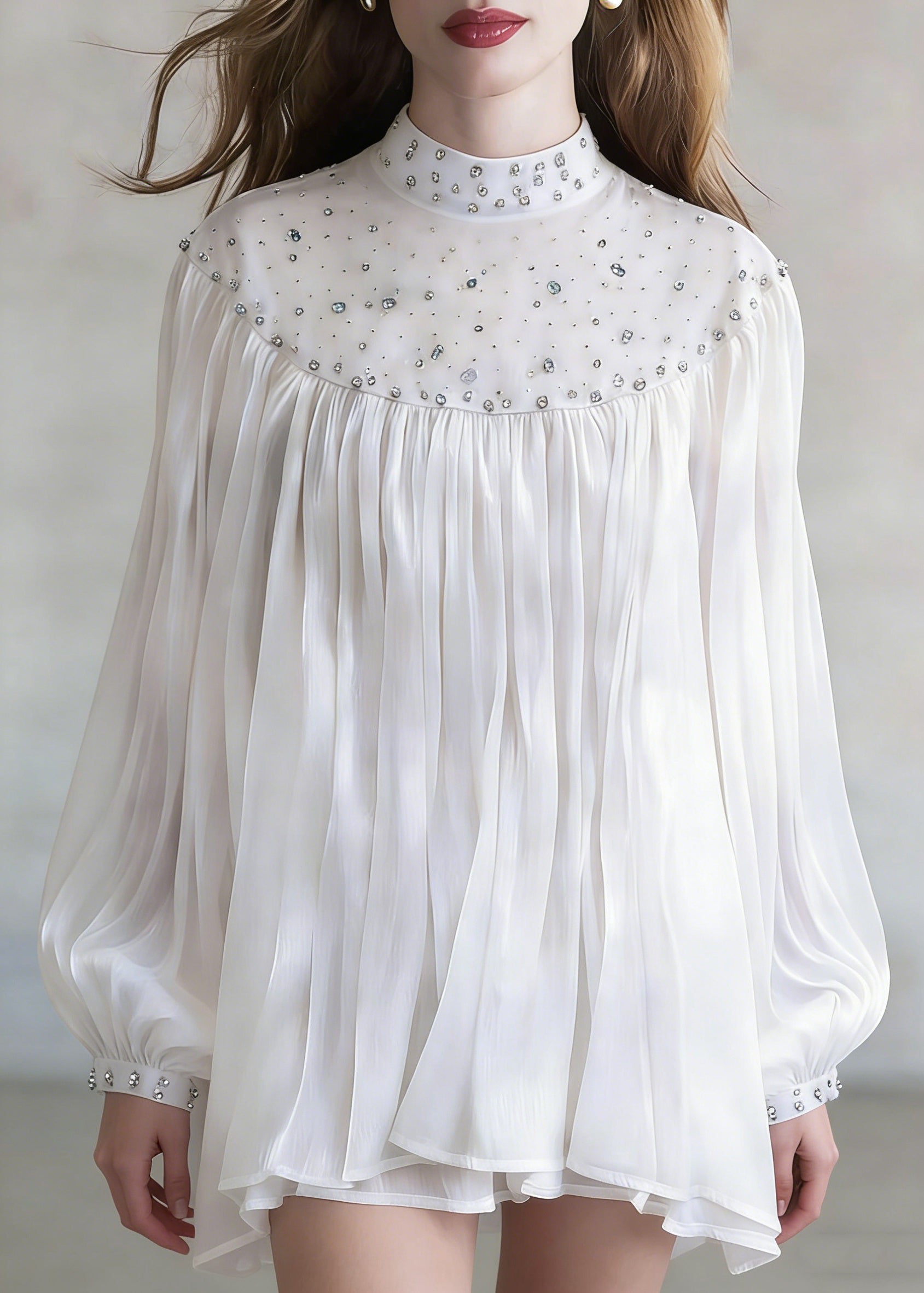 White Zircon Wrinkled Shirt Stand Collar Spring - Omychic