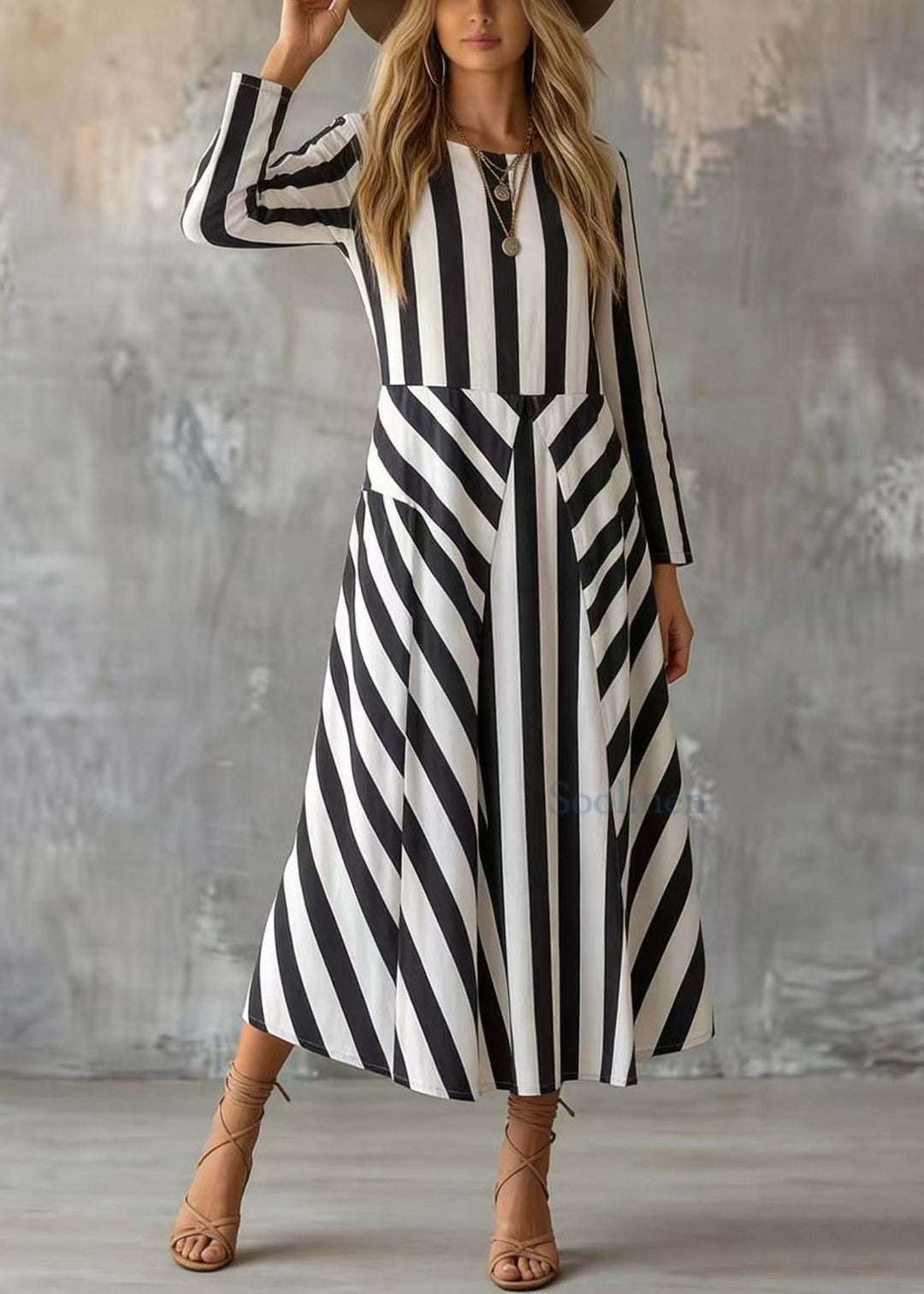 White stripes Cotton Dresses Pockets Patchwork Spring