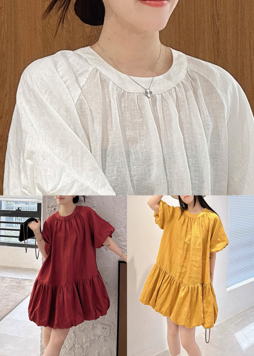 Wine Red Back Button Solid Linen Dresses O Neck Puff Sleeve