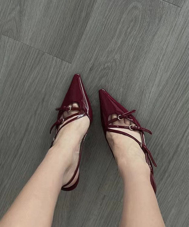 Wine Red Buckle Strap Splicing Faux Leather High Heels Pointed Toe