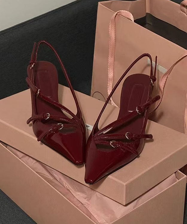 Wine Red Buckle Strap Splicing Faux Leather High Heels Pointed Toe