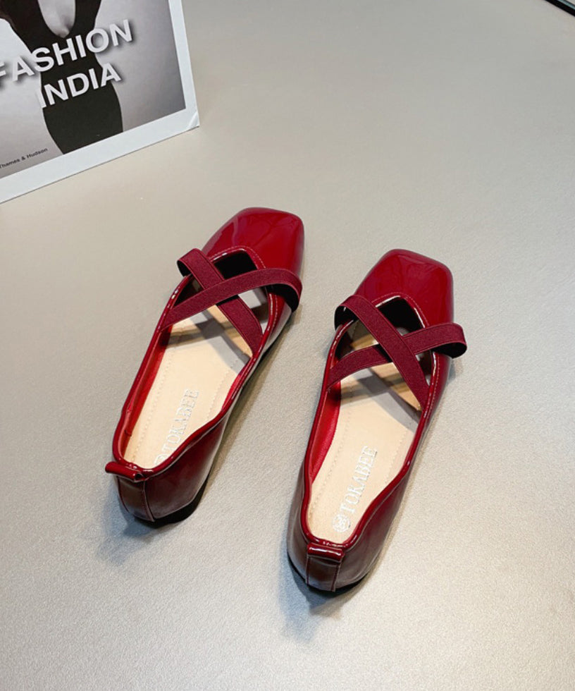 Wine Red Faux Leather Flat Shoes For Women Splicing Cross Strap