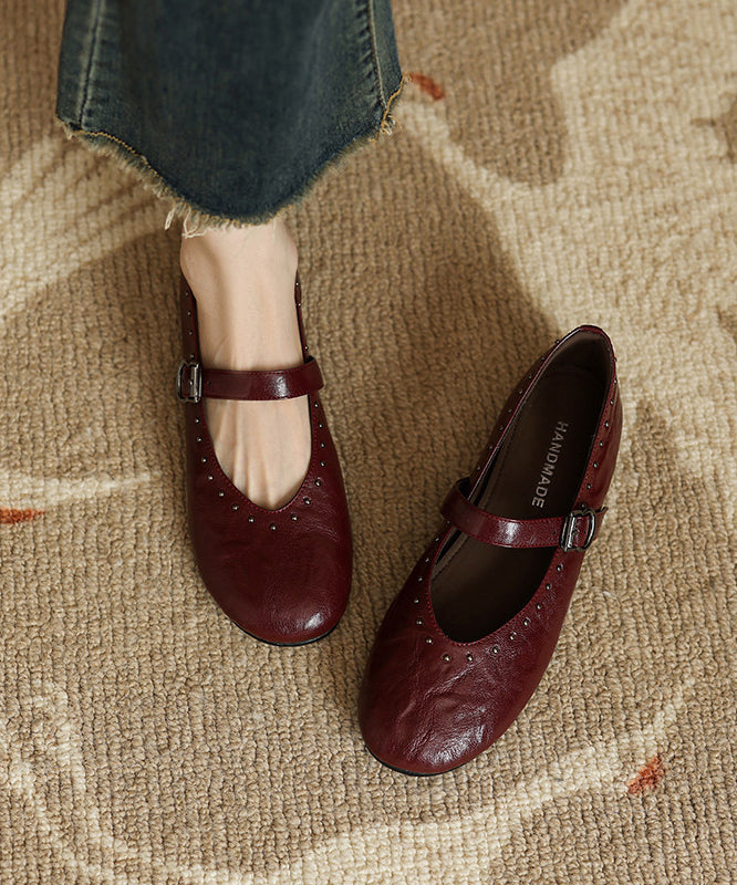 Wine Red Sheepskin Flat Feet Shoes Splicing Rivet Buckle Strap