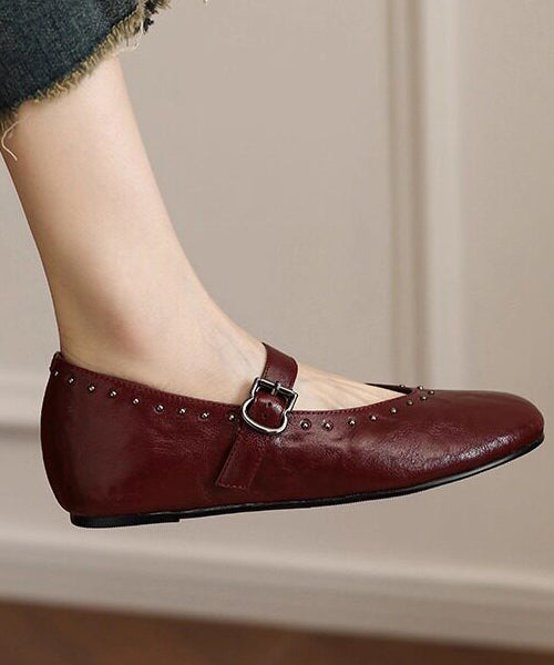 Wine Red Sheepskin Flat Feet Shoes Splicing Rivet Buckle Strap