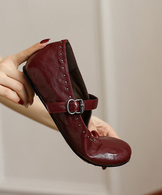 Wine Red Sheepskin Flat Feet Shoes Splicing Rivet Buckle Strap