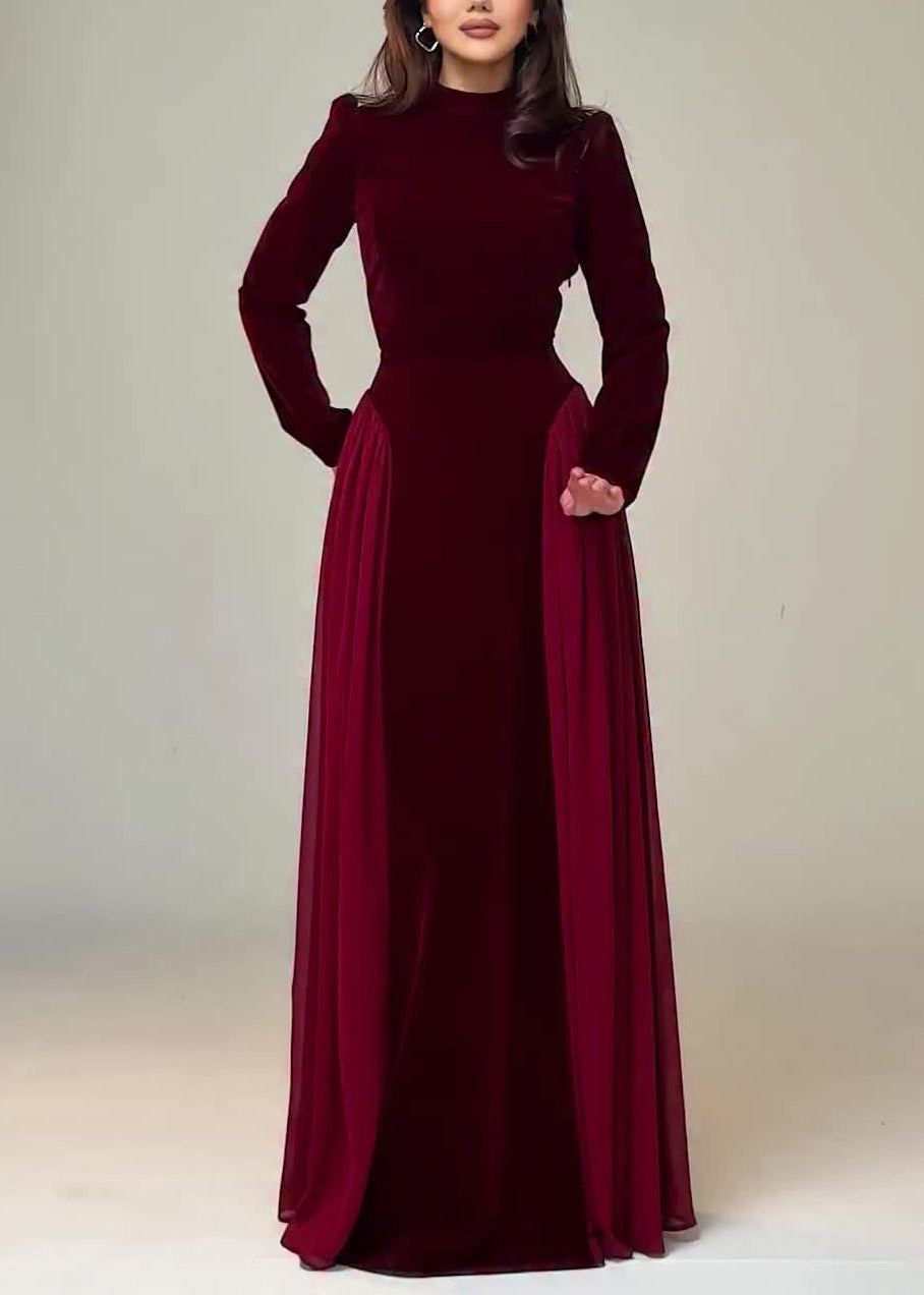 Wine Red Solid Chiffon Patchwork Velour Long Dresses Tie Waist