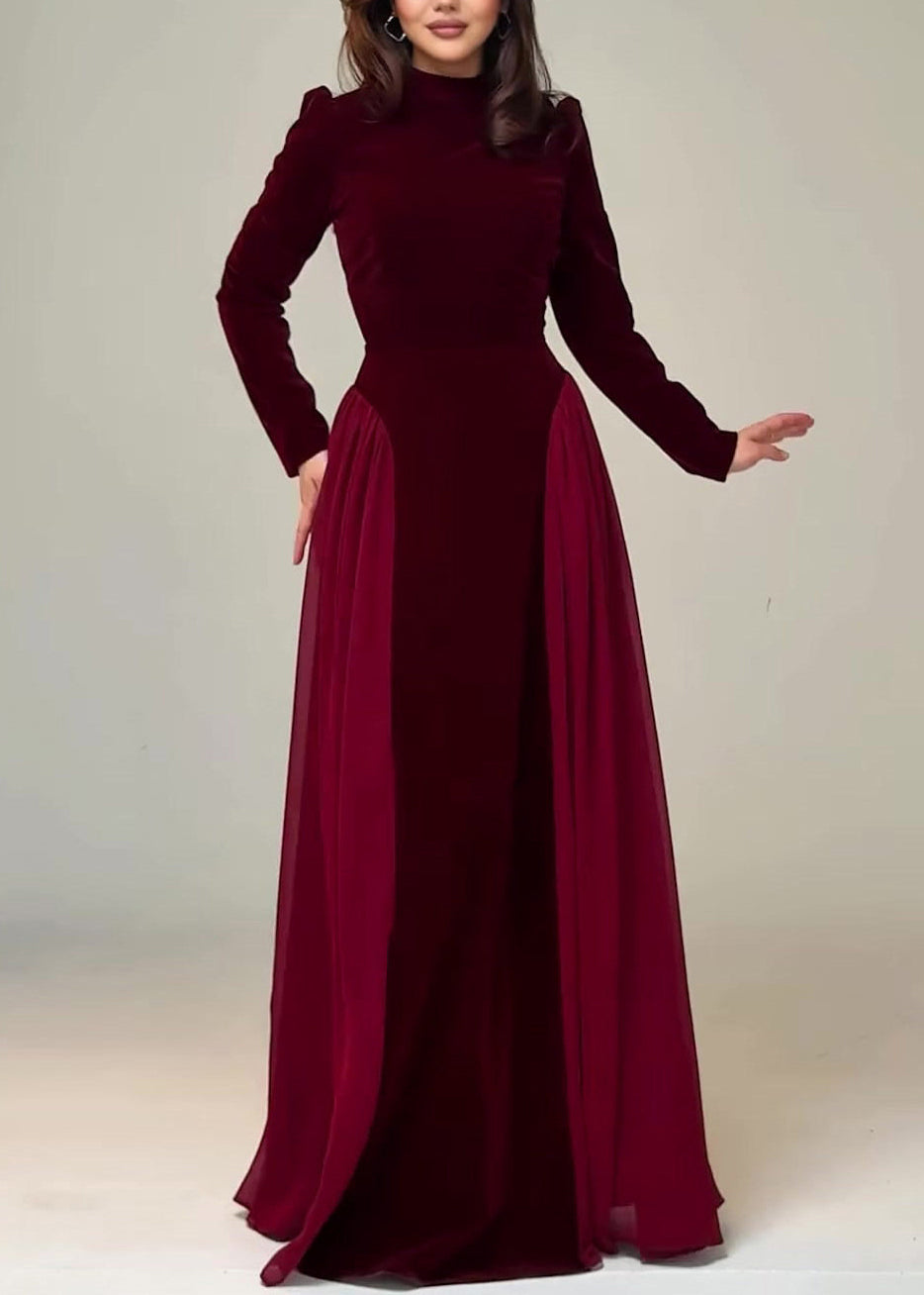 Wine Red Solid Chiffon Patchwork Velour Long Dresses Tie Waist