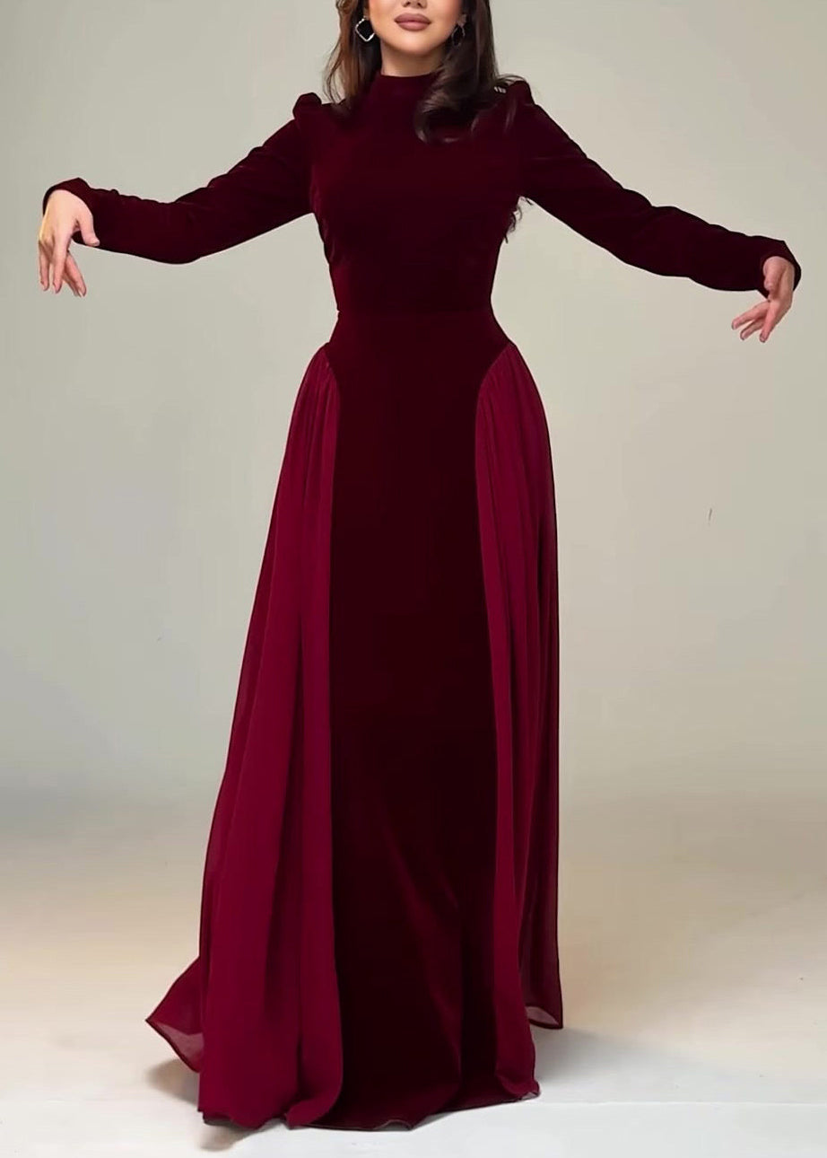 Wine Red Solid Chiffon Patchwork Velour Long Dresses Tie Waist