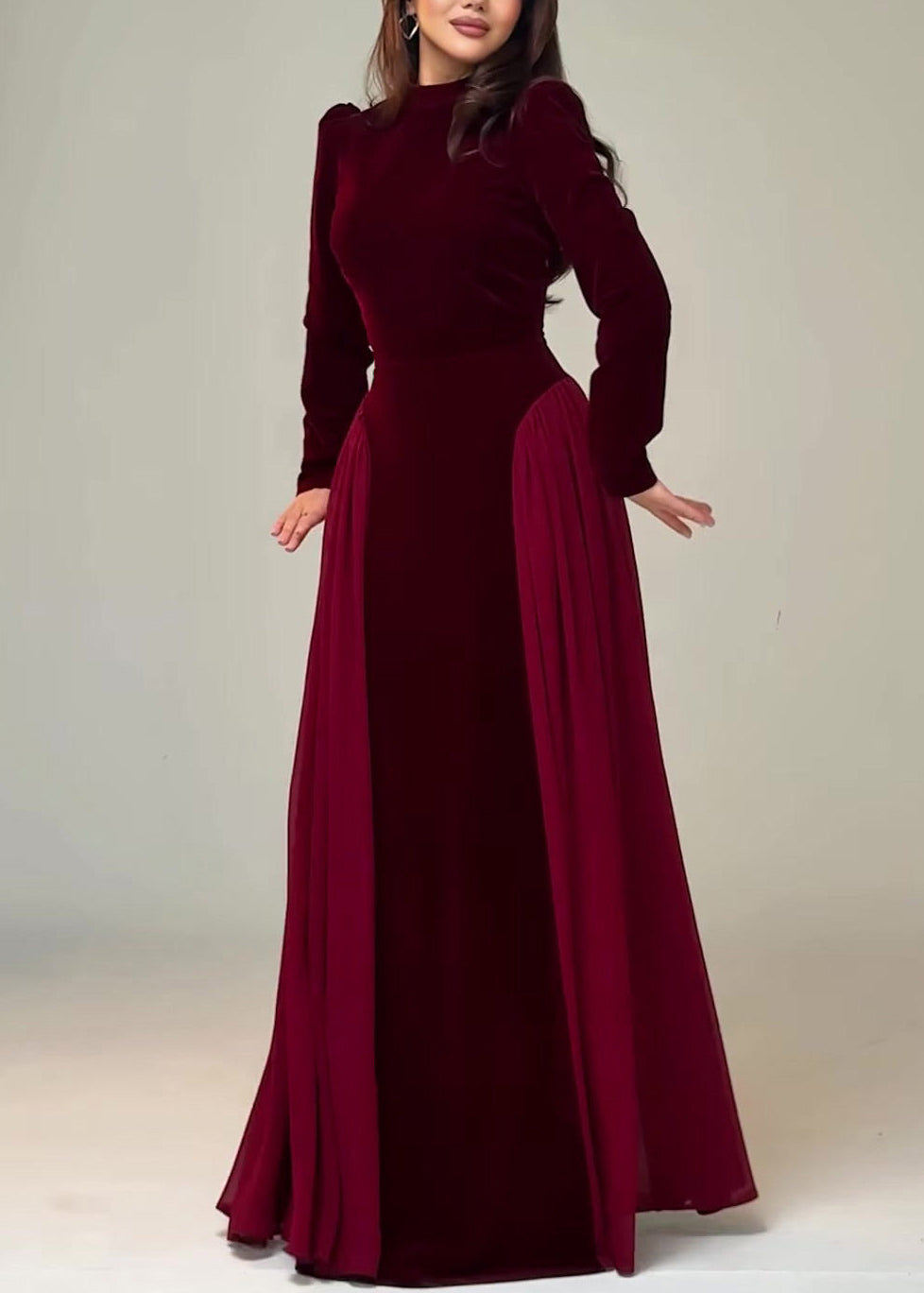 Wine Red Solid Chiffon Patchwork Velour Long Dresses Tie Waist