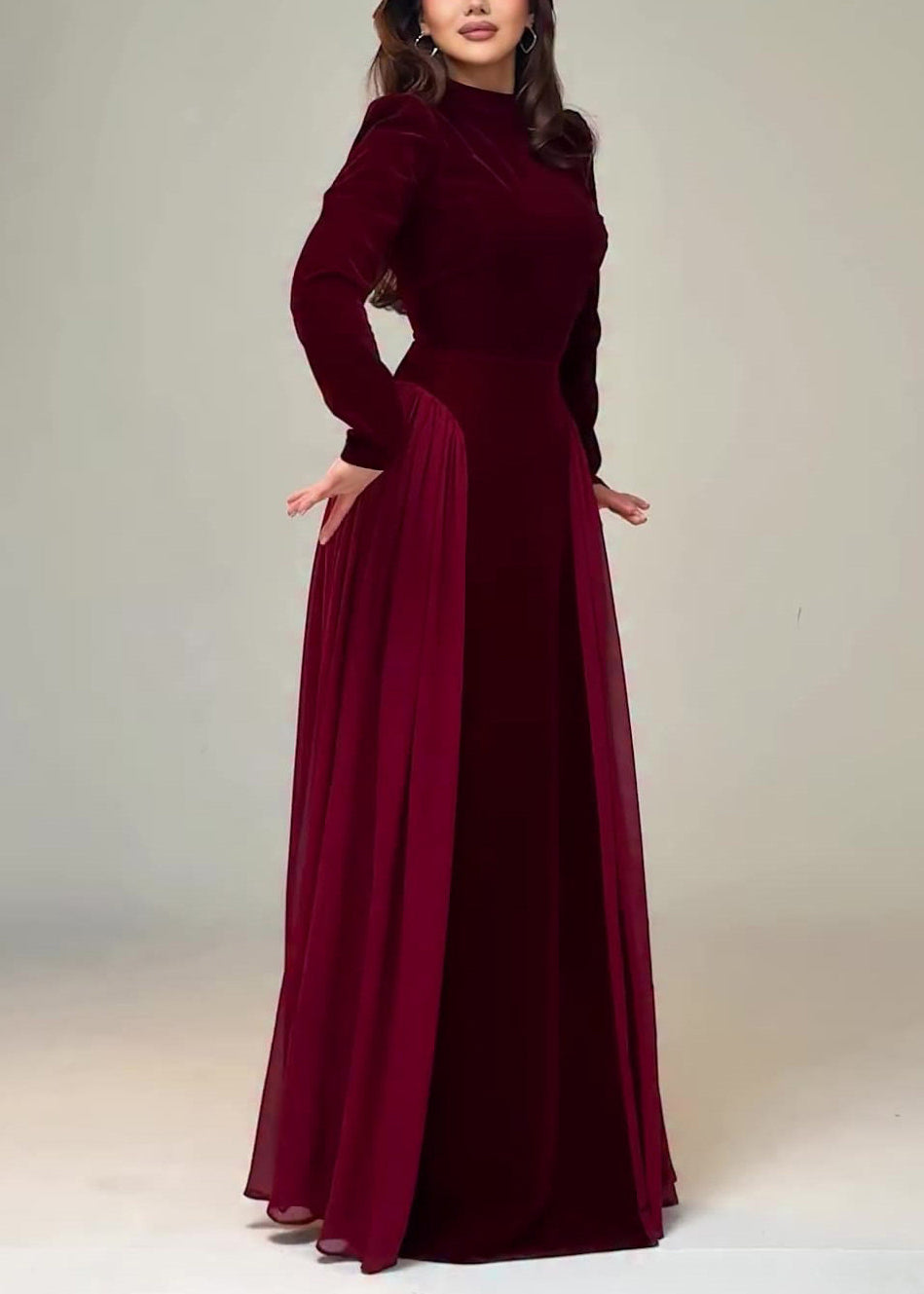 Wine Red Solid Chiffon Patchwork Velour Long Dresses Tie Waist