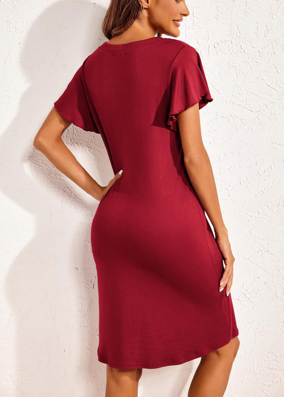 Wine Red Solid Cotton Summer Pajamas Dresses V Neck