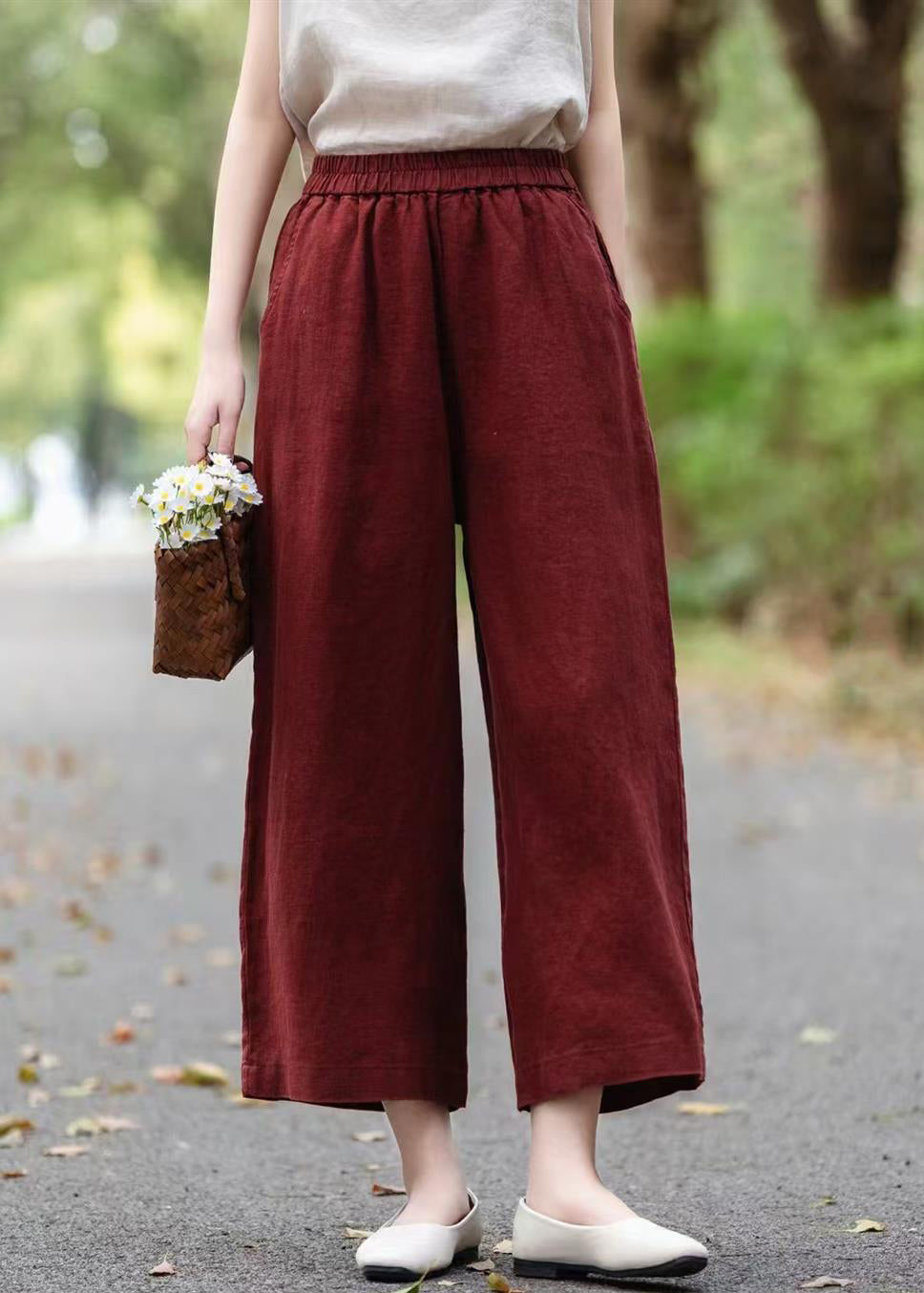 Wine Red Solid Linen Summer Crop Pants Elastic Waist
