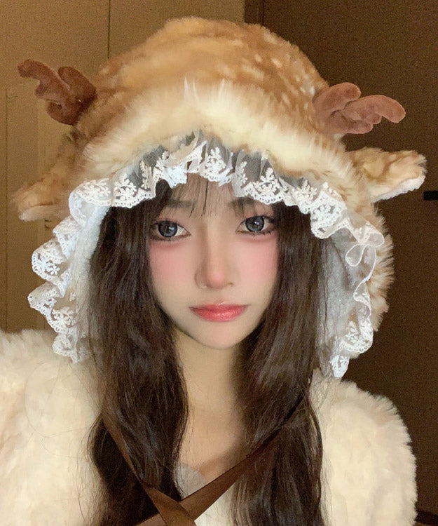 Winter Deer Antlers Fuzzy Wool Lined Warm Thick Bucket Hat
