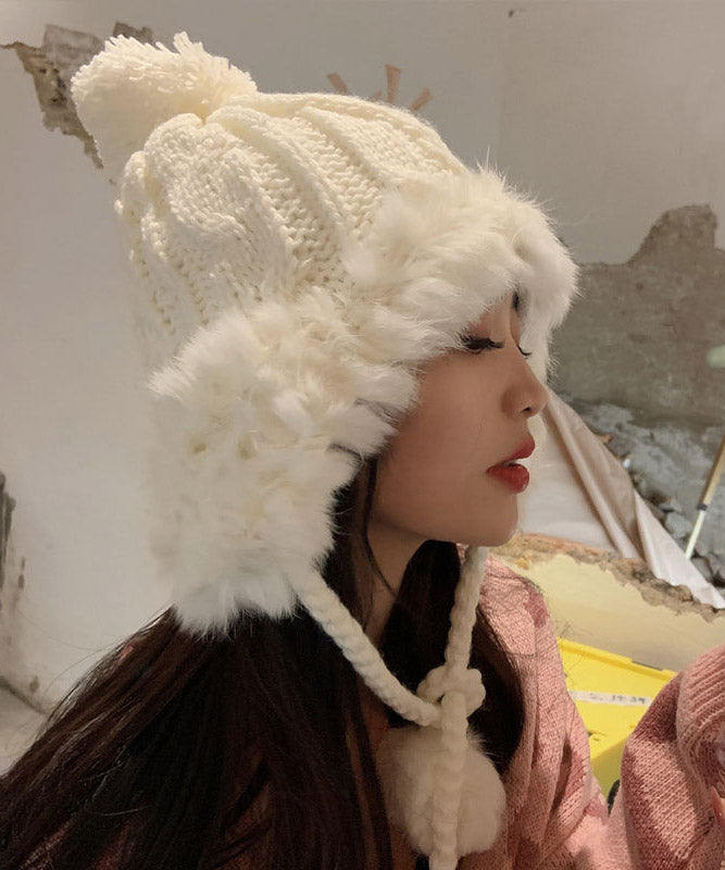Winter Grey Warm Fuzzy Ball Rabbit Fur Knitted Hat