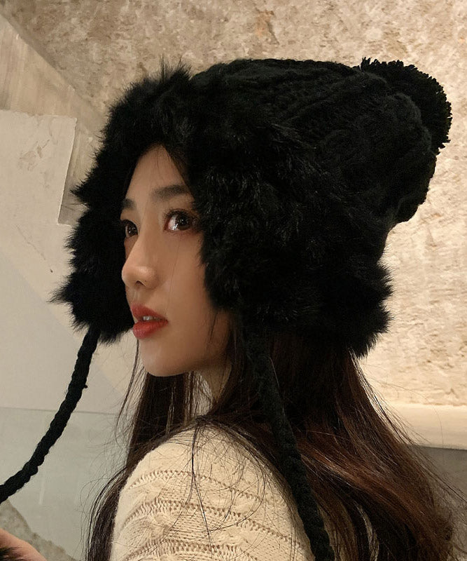 Winter Grey Warm Fuzzy Ball Rabbit Fur Knitted Hat