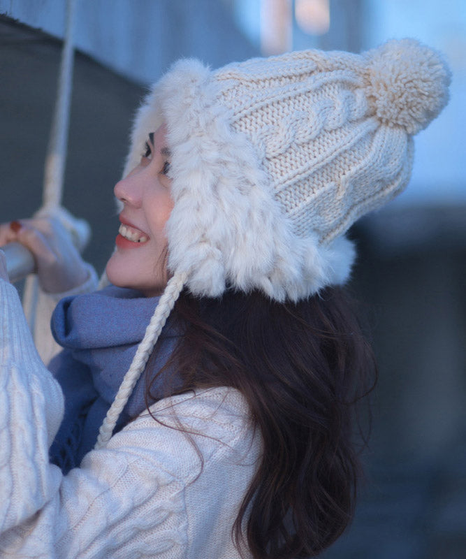 Winter Grey Warm Fuzzy Ball Rabbit Fur Knitted Hat