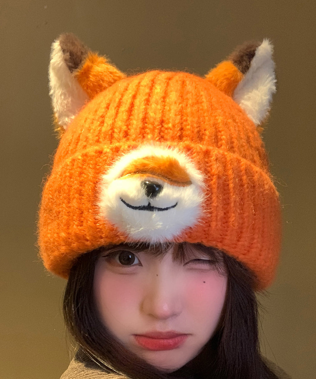 Winter Orange Cute Fox Warm and Versatile Knitted Boonie Hat