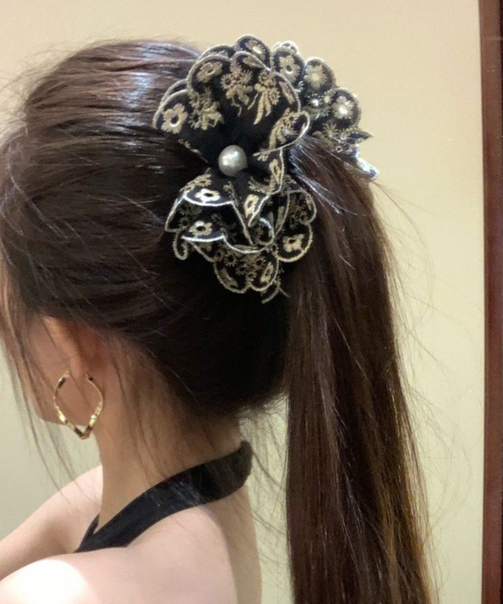Women Alloy Embroidery Pearl Banana Hairpin