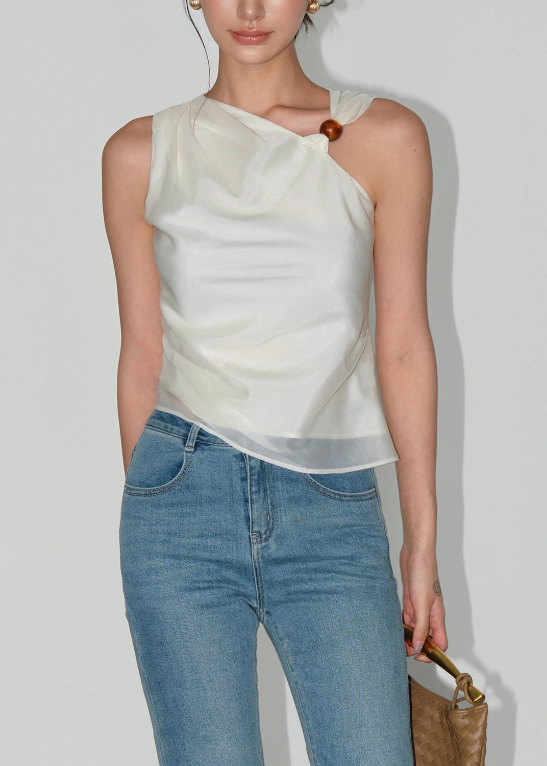 Women Apricot Asymmetrical Design Silk Top Sleeveless