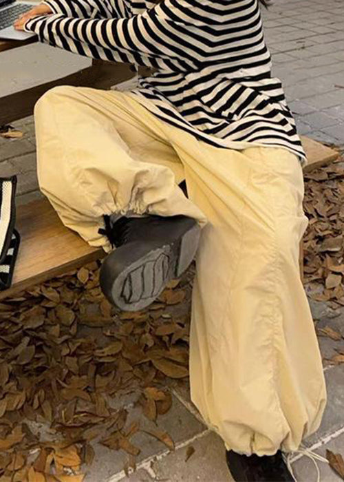 Women Apricot Drawstring Elastic Waist Cotton Filled Wide Leg Pants Winter