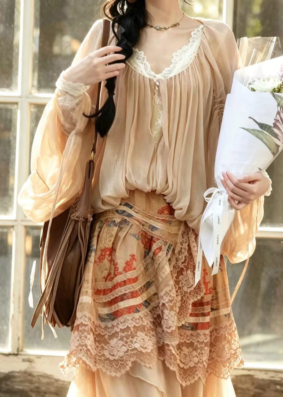 Women Apricot Drawstring Wrinkled Shirt Top Batwing Sleeve