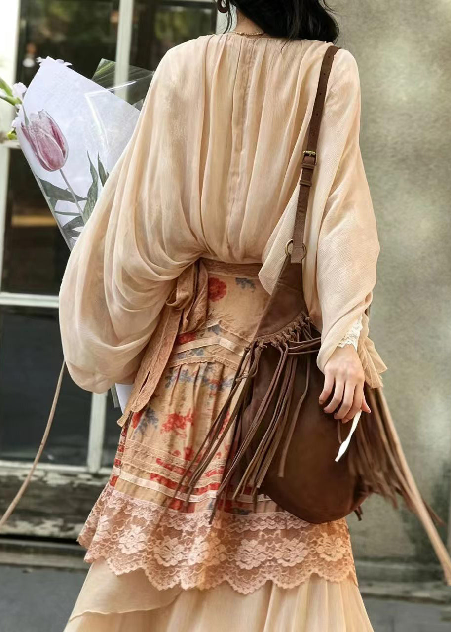 Women Apricot Drawstring Wrinkled Shirt Top Batwing Sleeve
