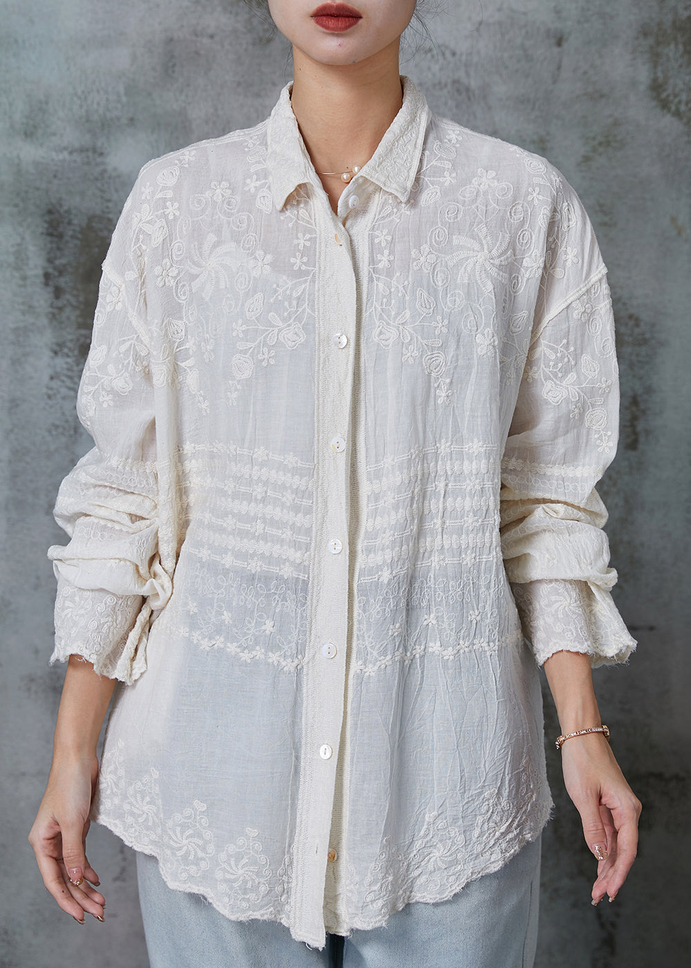 Women Apricot Embroidered Cotton Blouses Spring