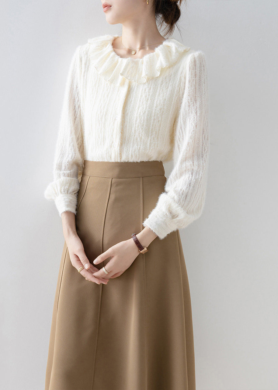 Women Apricot Peter Pan Collar Lace Warm Fleece Shirts Fall