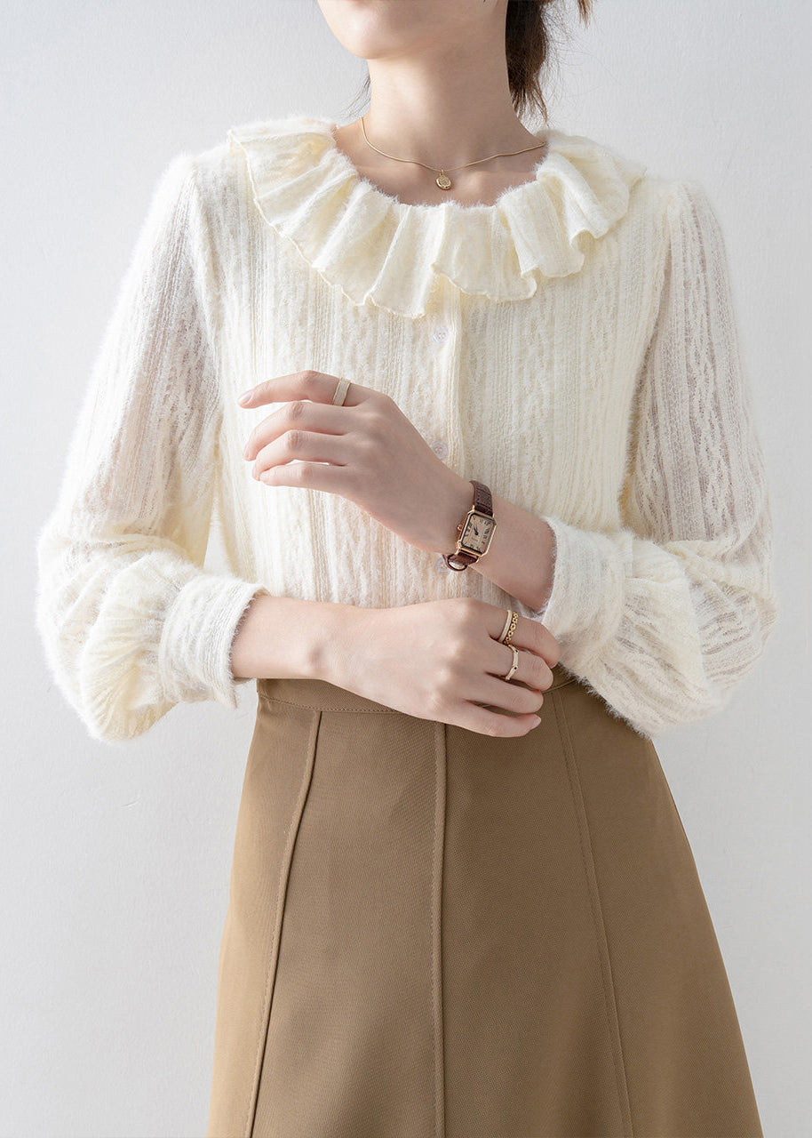 Women Apricot Peter Pan Collar Lace Warm Fleece Shirts Fall