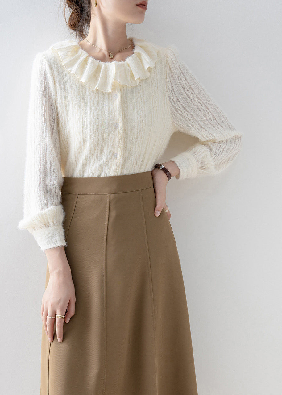 Women Apricot Peter Pan Collar Lace Warm Fleece Shirts Fall
