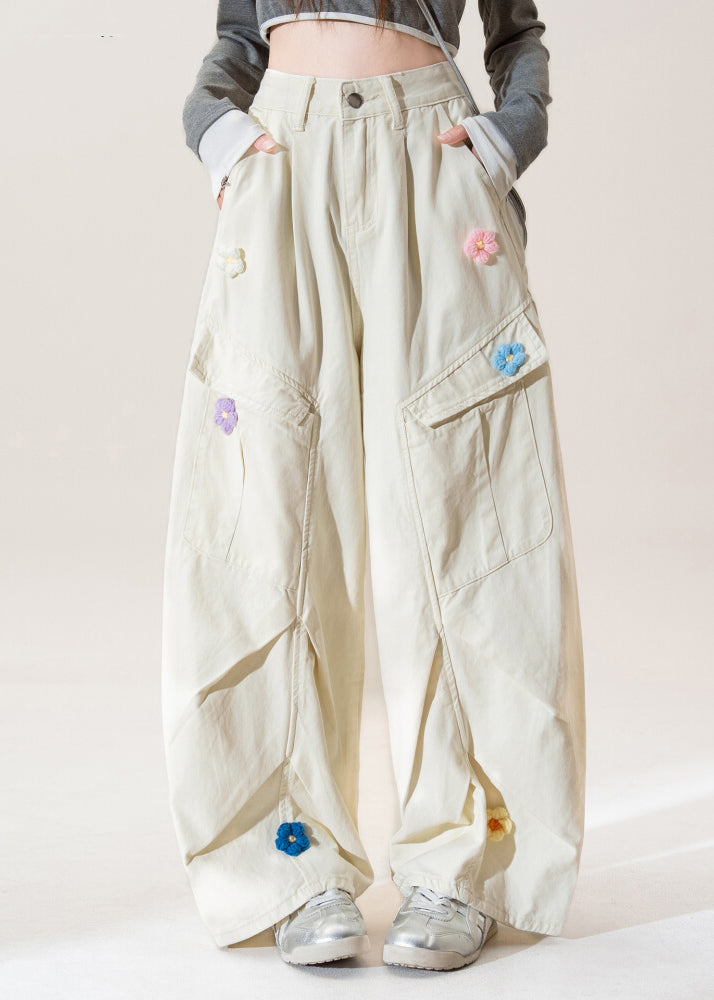 Women Apricot Pockets Floral Wrinkled Denim Pants Fall