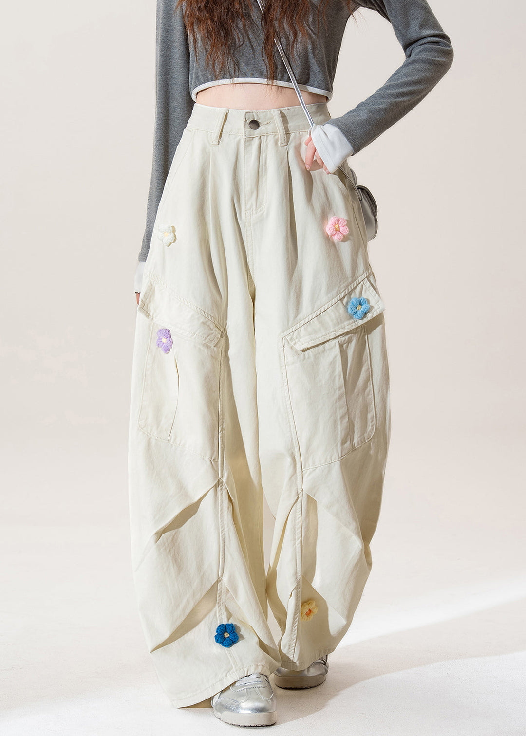 Women Apricot Pockets Floral Wrinkled Denim Pants Fall