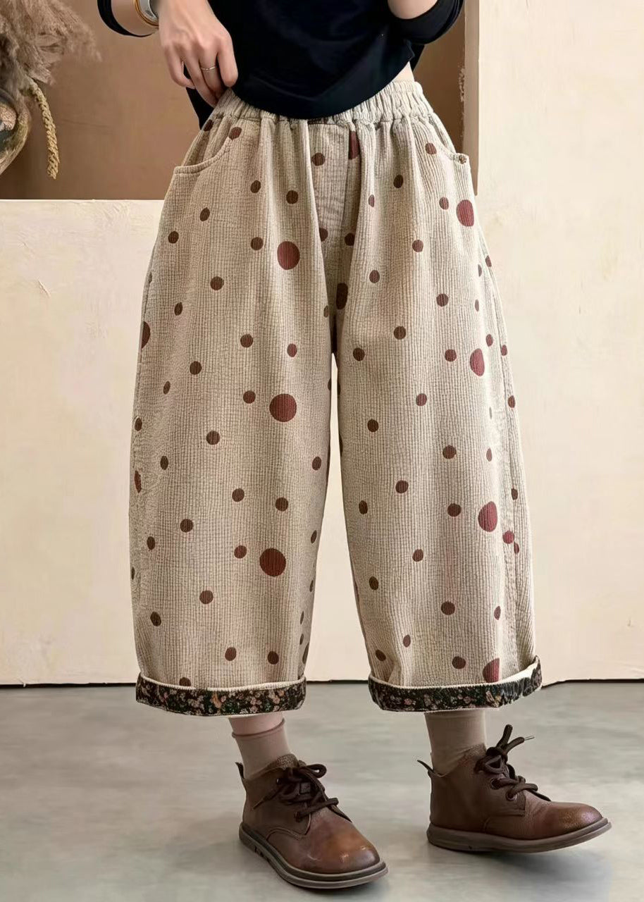 Women Apricot Polka Dot Print Pockets Cuffed Corduroy Crop Pants Fall