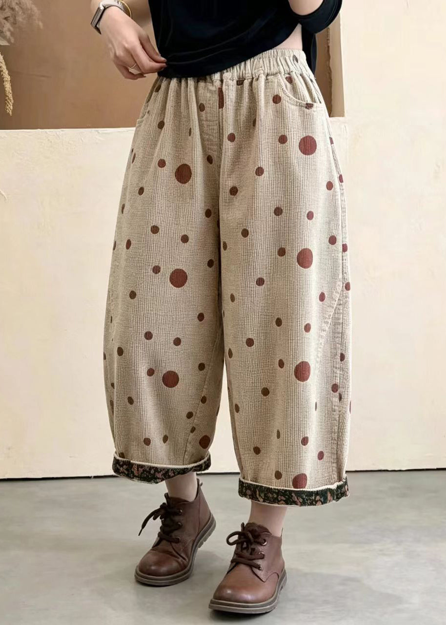 Women Apricot Polka Dot Print Pockets Cuffed Corduroy Crop Pants Fall
